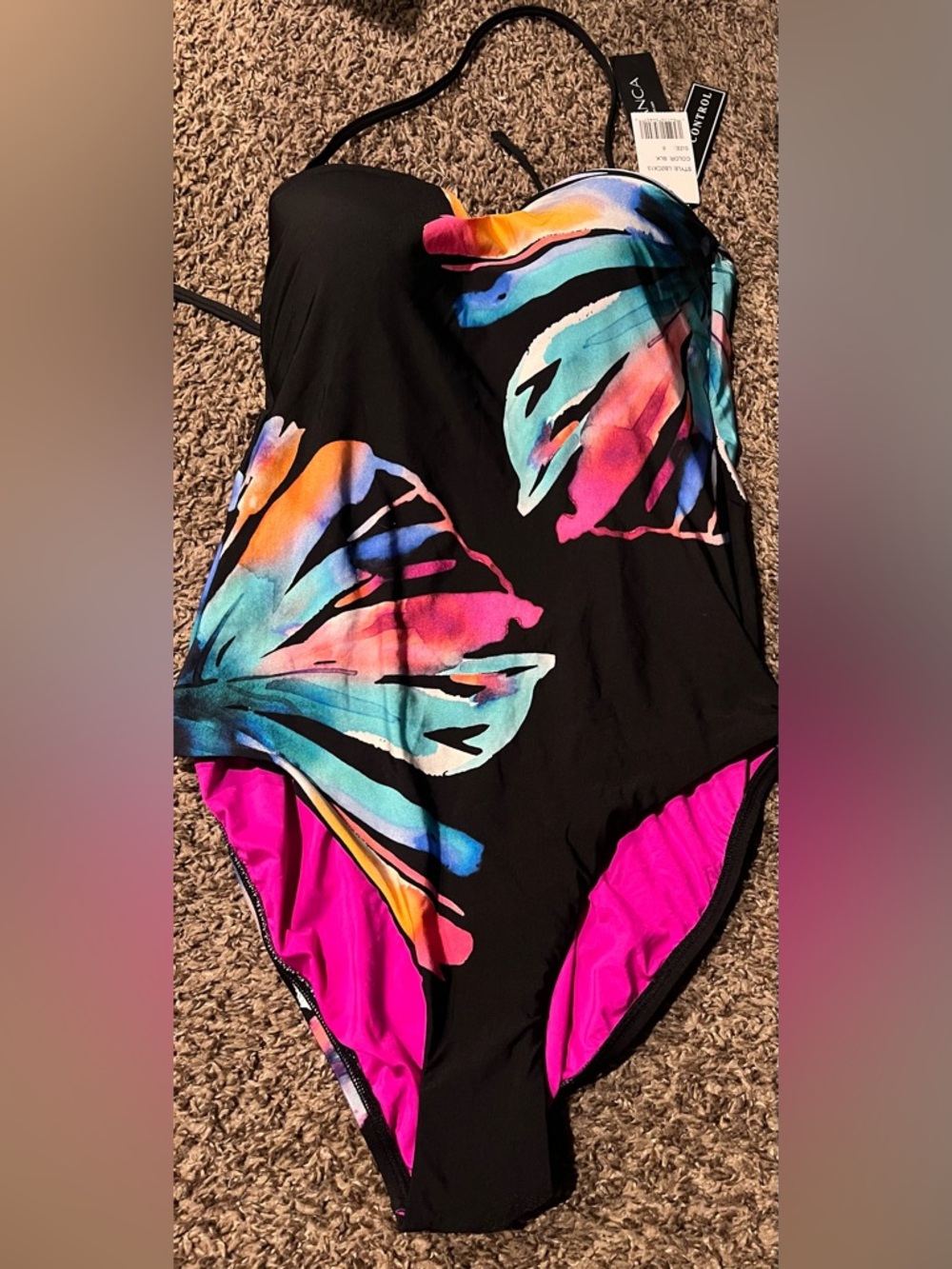 La Blanca Black Floral One-Piece Swimsuit with Pink Lining -Size 8 New